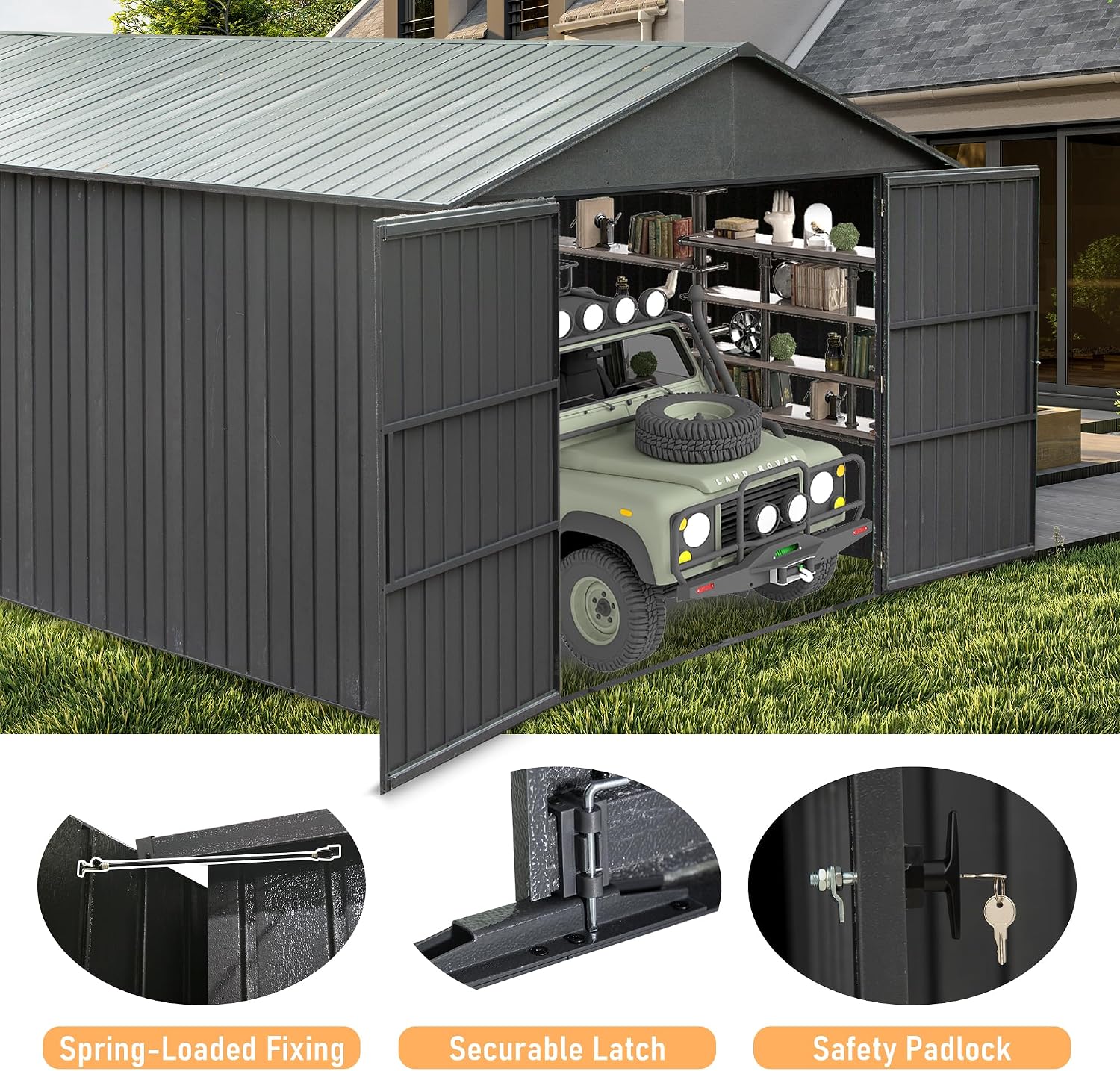 Domi 12x15FT Outdoor Metal Garage Shed, Extra Large Metal Carport with Lockable Double Hinged Doors, Heavy Duty Car Shelter for Car, Truck, Motorcycle and Lawn Equipment, Dark Grey