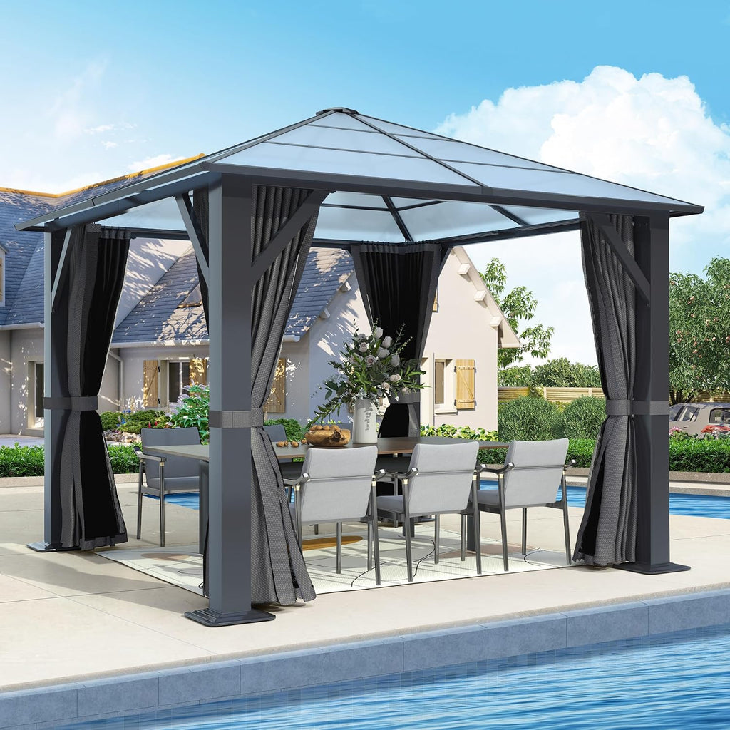 10'x10' Hardtop Gazebo, Outdoor Polycarbonate Roof Gazebo Metal Frame Permanent Pavilion with Netting & Curtains for Garden, Patio, Lawns(Grey)