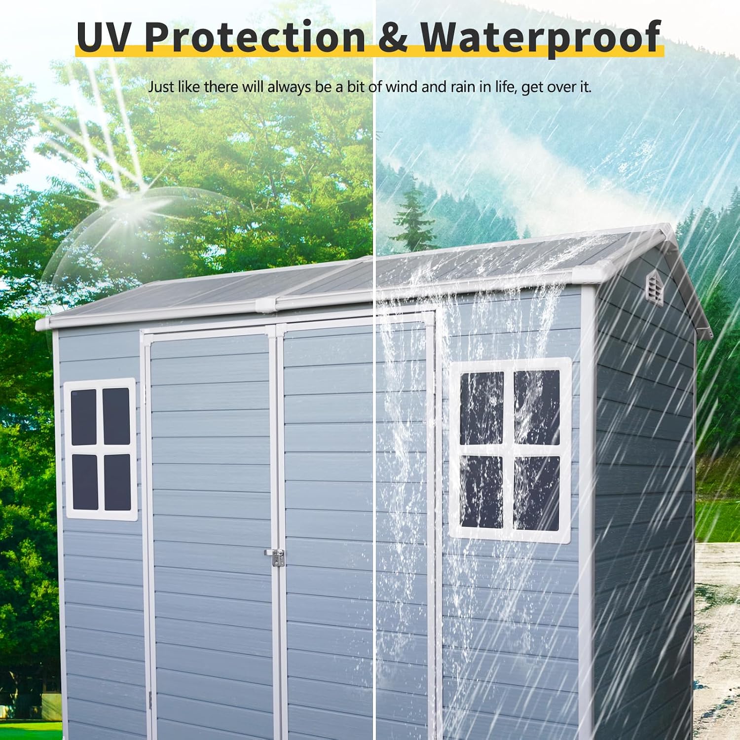 8x4 FT Outdoor Storage Shed with Floor, Weather Resistant Tool Shed with Lockable Door, Vents & Windows, Resin Garden Sheds with Sloped Roof for Backyard, Patio, Lawn, Black