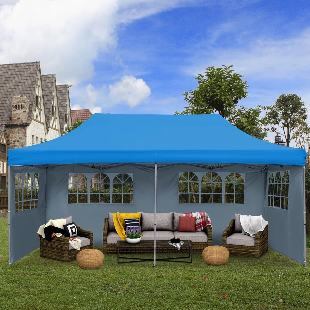 Outdoor Basic 10' x 20' Pop up Canopy Tent, Instant Heavy Duty Gazebo Tent with 4 Sidewalls/Wheeled Bag for Party Commercial Activity (Blue, with 4 Sidewall)