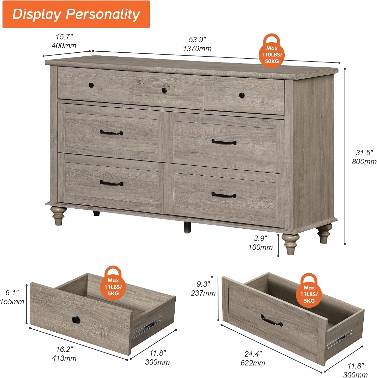WAMPAT Wide Dresser TV Stand for 65 Inch TV, Light Wood TV Console Table Television Stands with 7 Drawers, Grey Media Storage Cabinet for Living Room Bedroom, 54 Inch