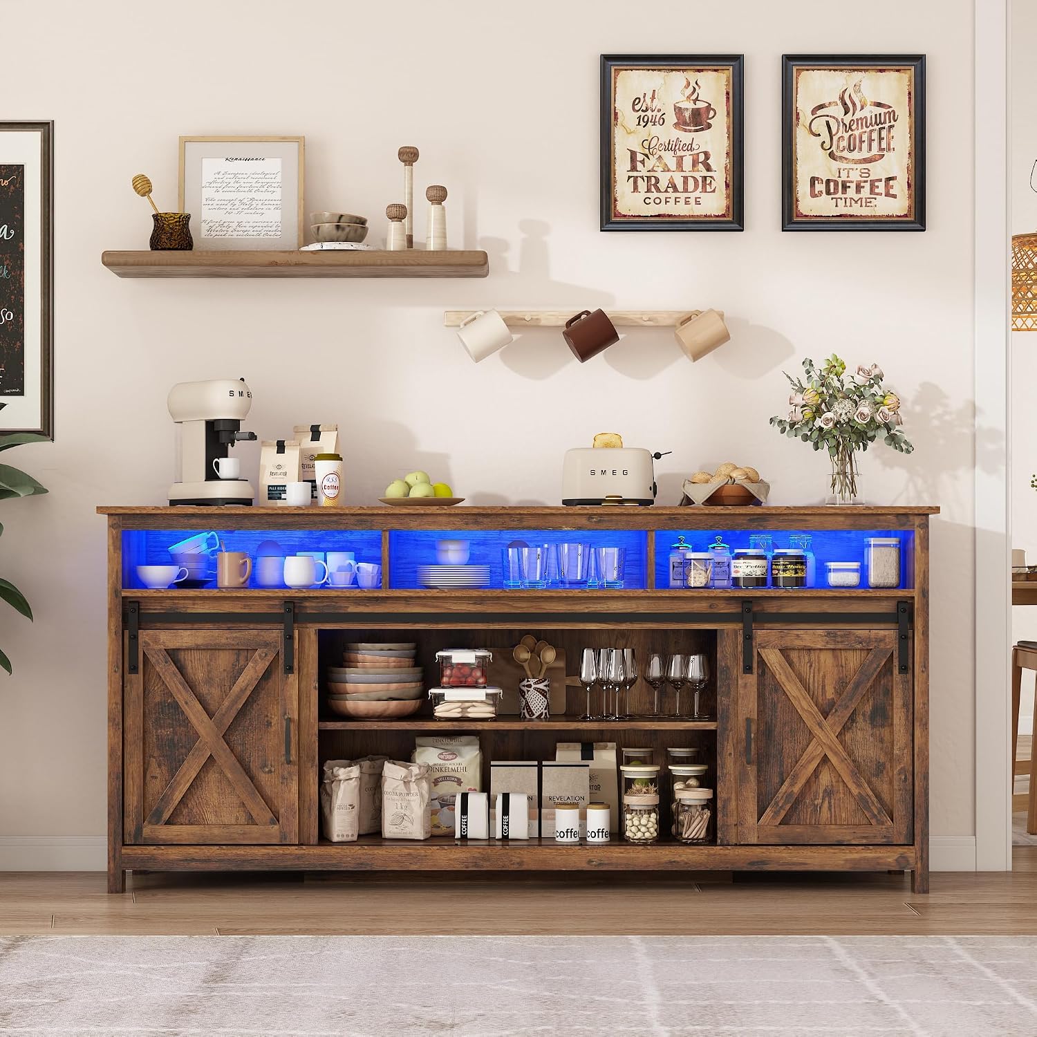 57' LED Farmhouse TV Stand for 65/60/55 Inch TVs,Tall Entertainment Center Storage Cabinets w/Power Outlets and Sliding Barn Door,Rustic TV Stands for Living Room,Media Console Cabinet (Brown)