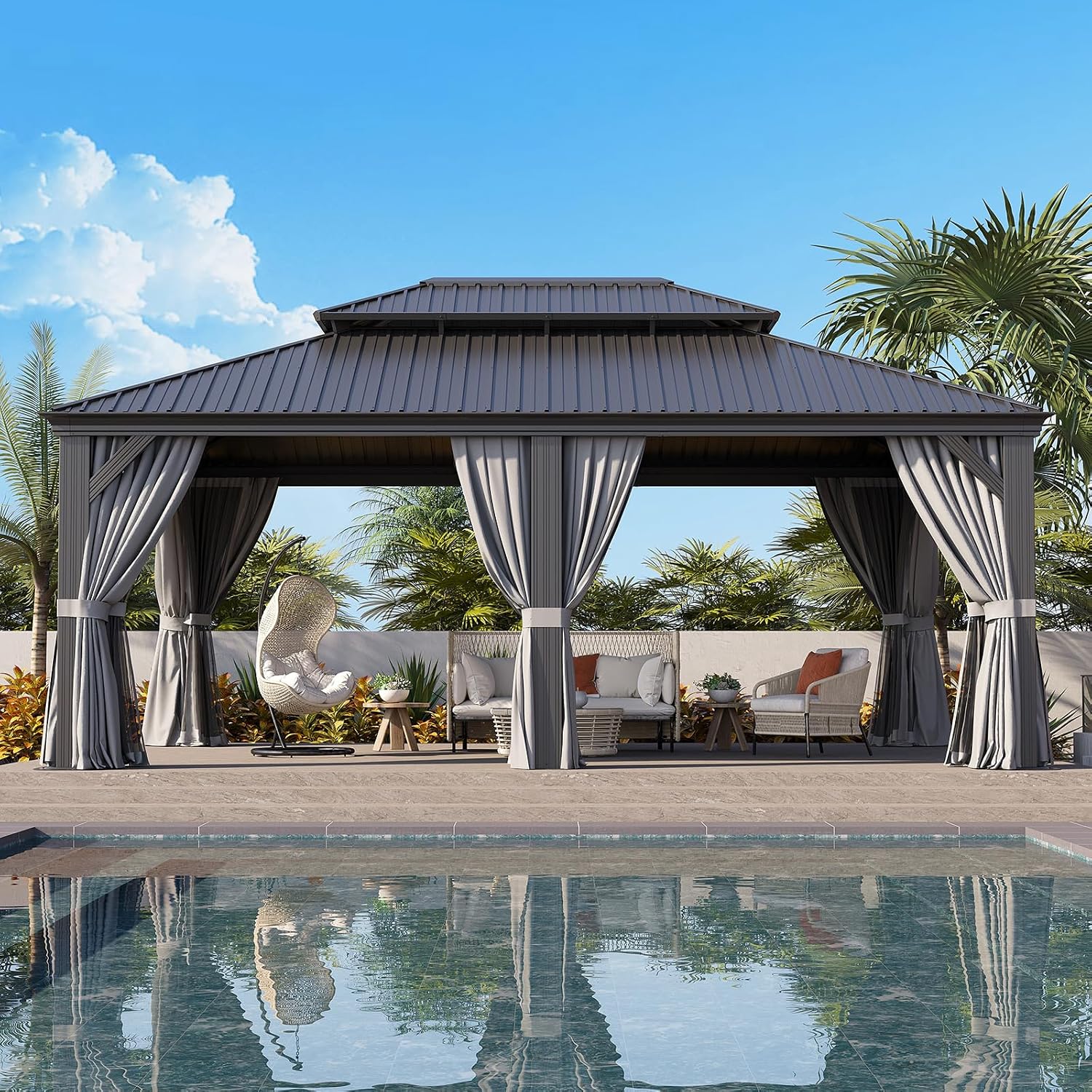 Suitable for Garden Leisure Time: 14'x20' Double - top Iron Sheet Luxury Pavilion, with a Sturdy Aluminum Alloy Frame, Equipped with Water - Repellent Enclosure Fabric and Insect - Proof Net