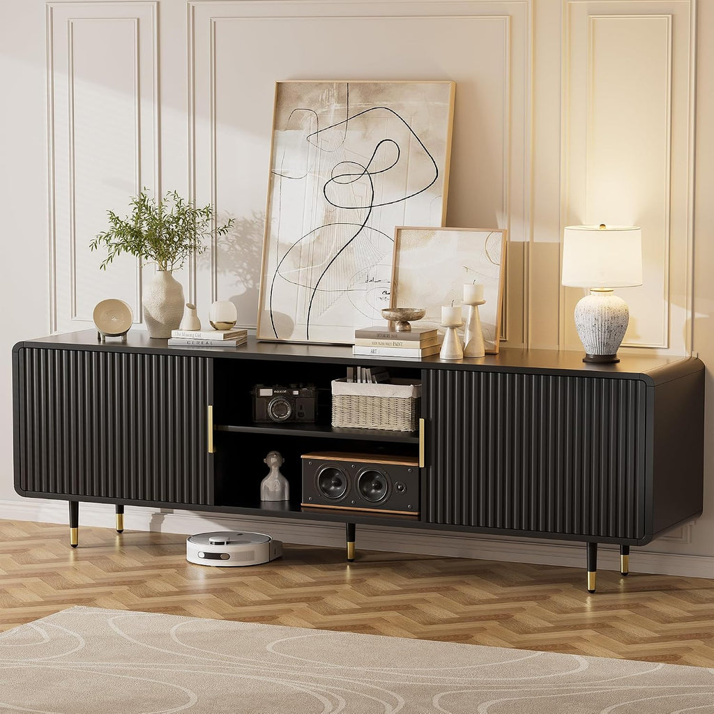 SYESWAY TV Stand for 65 Inch TV, Fluted TV Stand with Curved Profile, Modern Entertainment Center TV Console Table with Sliding Doors & Adjustable Shelves, TV Stands for Living Room Bedroom, Black