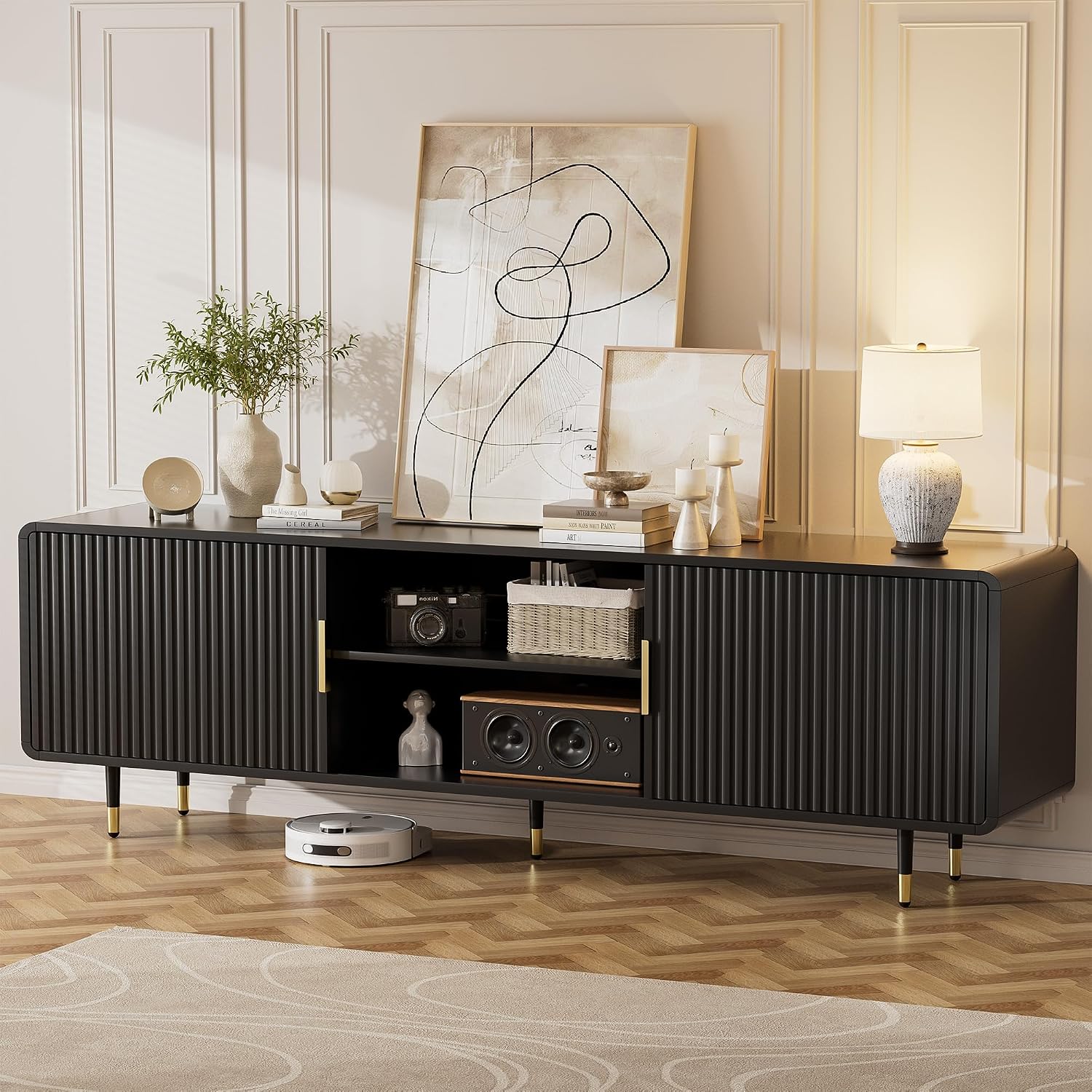 SYESWAY TV Stand for 65 Inch TV, Fluted TV Stand with Curved Profile, Modern Entertainment Center TV Console Table with Sliding Doors & Adjustable Shelves, TV Stands for Living Room Bedroom, Black
