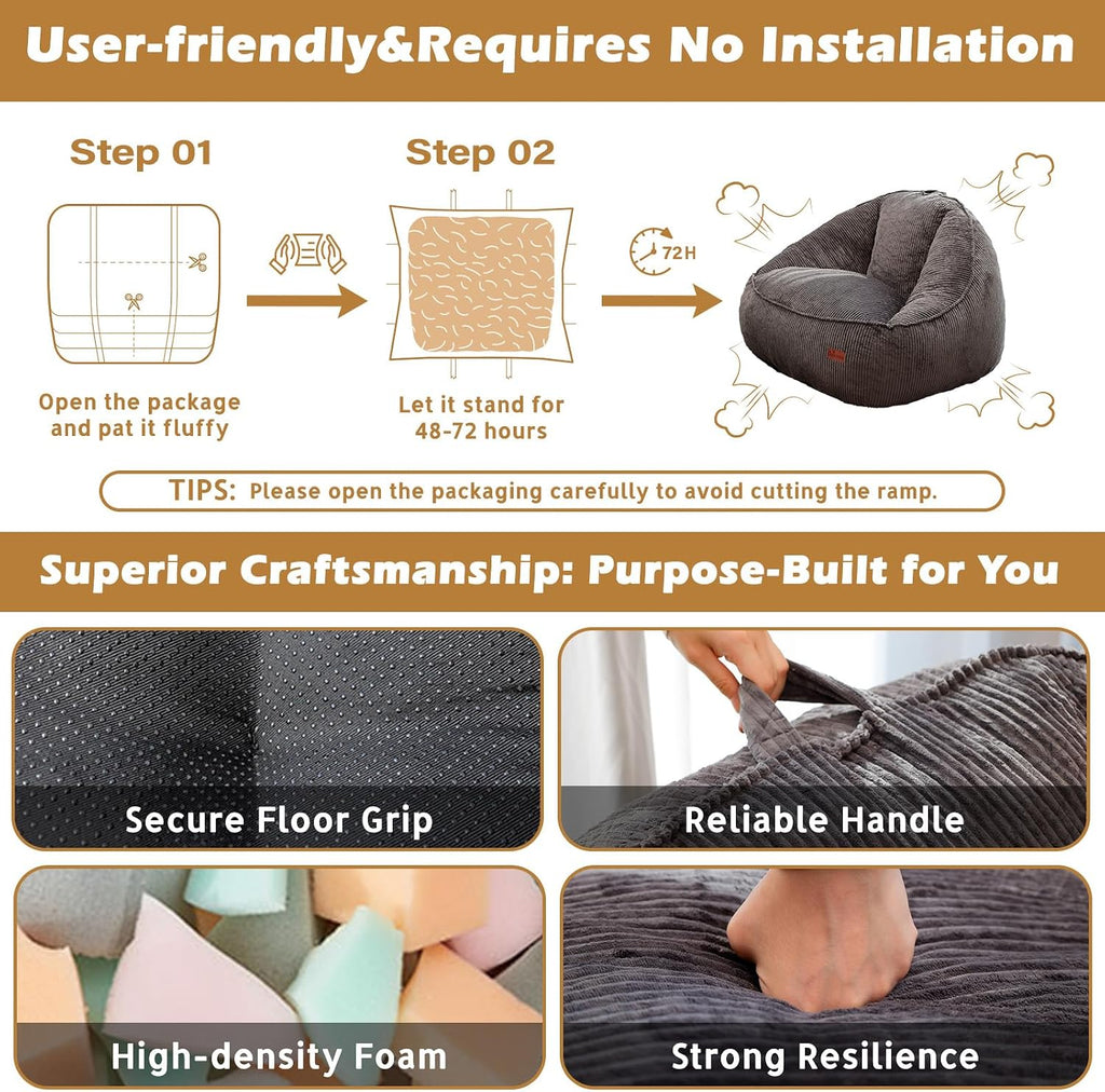 Bean Bag Chair, Cozy Fluffy Beanbag Chairs with Filler for Teens and Kids, Floor Lazy Sofa for Living Room Gaming & Reading (M-Charcoal)