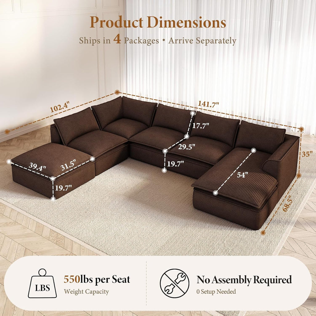 Vesgantti 141.7' Oversized Boneless Sectional Couch, Modern 7 Seater Modular Sofa with Chaise & Ottoman, Deep Seat Corduroy Cloud Couches for Living Room, No Assembly Required, Dark Brown