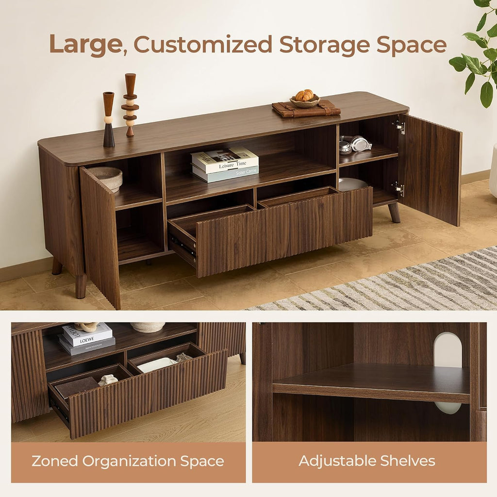 CHITA TV Stands for Living Room, Mid Century Modern TV Stand for 80 inch TV with Storage, Drawers, Adjustable Shelves, Walnut