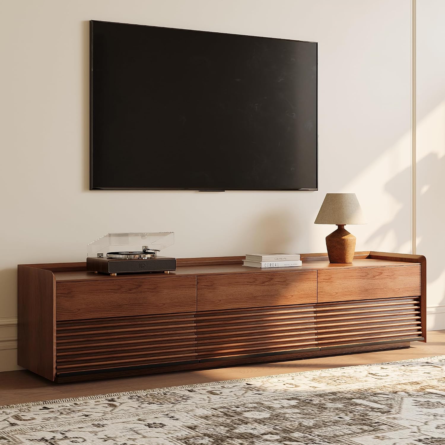 POVISON Fully-Assembled Mid Century Modern TV Stand, 78.74' Wood Media Console with Adjustable LED Light, Entertainment Center with Storage for Living Room
