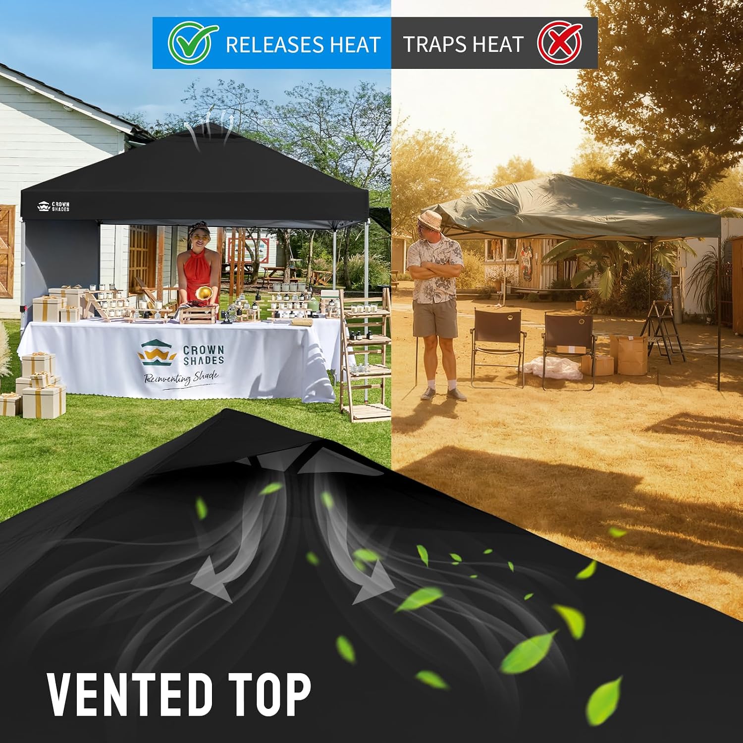 CROWN SHADES 10x10 Pop Up Canopy with 1 Side Wall - Beach Tent with One Push Setup - Outdoor Sun Shade for Events, Parties, Camping - Gazebo with STO-N-Go Cover Bag (Black)