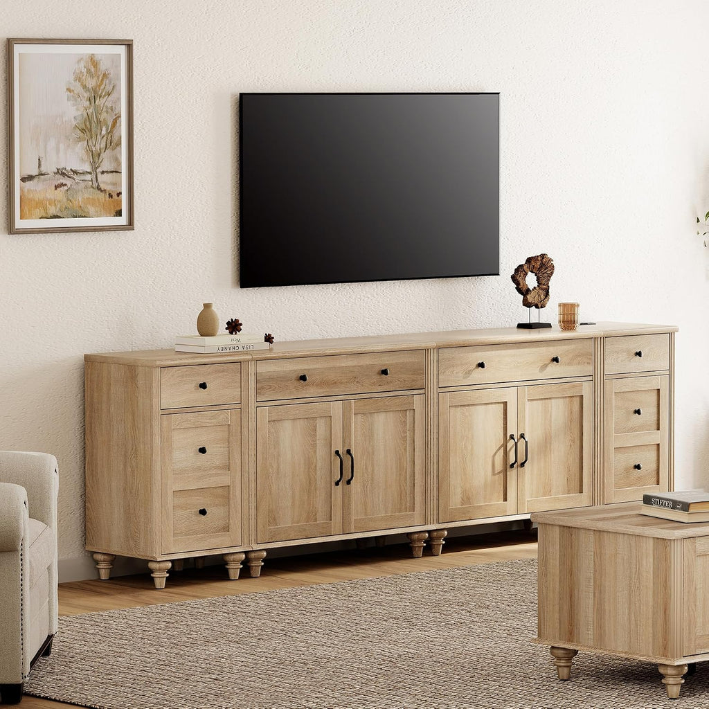 WAMPAT Farmhouse TV Stand for 100 Inch TV, 4-in-1 TV Console Table for 75/80/85/90 Inch TV, Entertainment Center with Charging Station, Kitchen Sideboard Buffet Cabinet for Dining Room, Oak