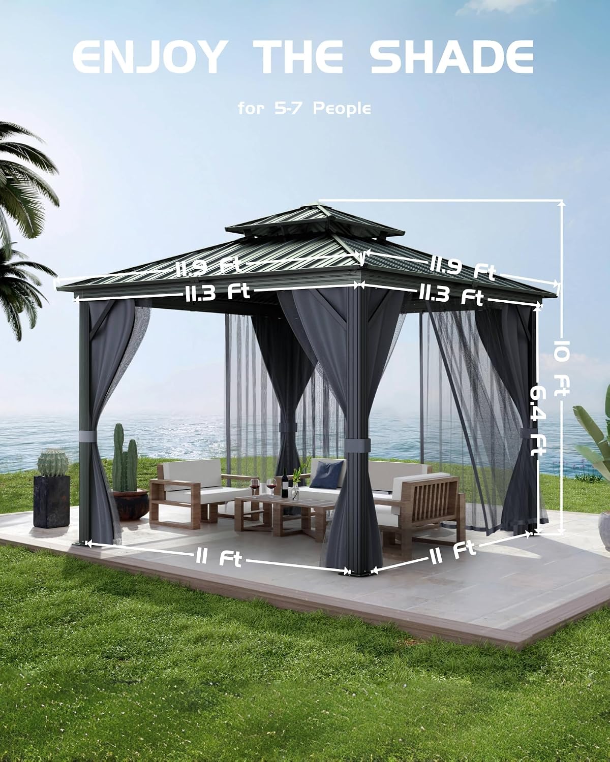 12'x12' Hardtop Gazebo - Heavy Duty Galvanized Steel Frame with Double Roof, Includes Netting & Curtains for Patio/Backyard (Gray)