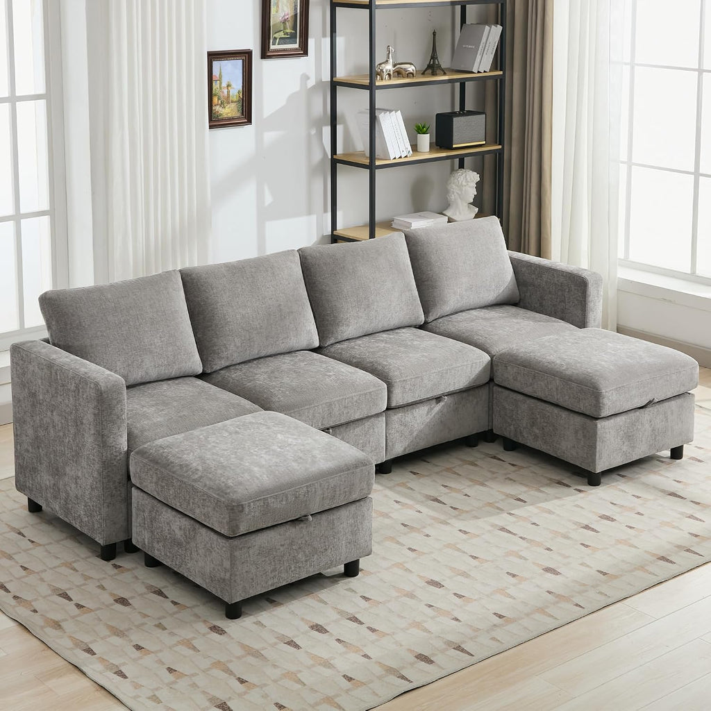 WUTUTUEE 107'Modular Sectional Sofa Convertible U Shaped Sofa Couch Set with Storage for Living Room, Modern 6 Seater Modular Sectional Couch with Movable Ottoman, Chenille(Light Grey)