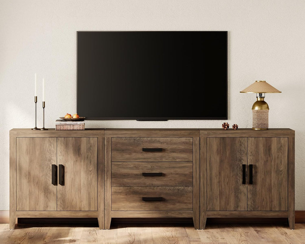 WAMPAT TV Stand for TVs up to 85 Inch, 3-Piece Modular Entertainment Center with Drawers and Doors, Farmhouse Media Console for Living Room, Bedroom, Home Theater, Brown
