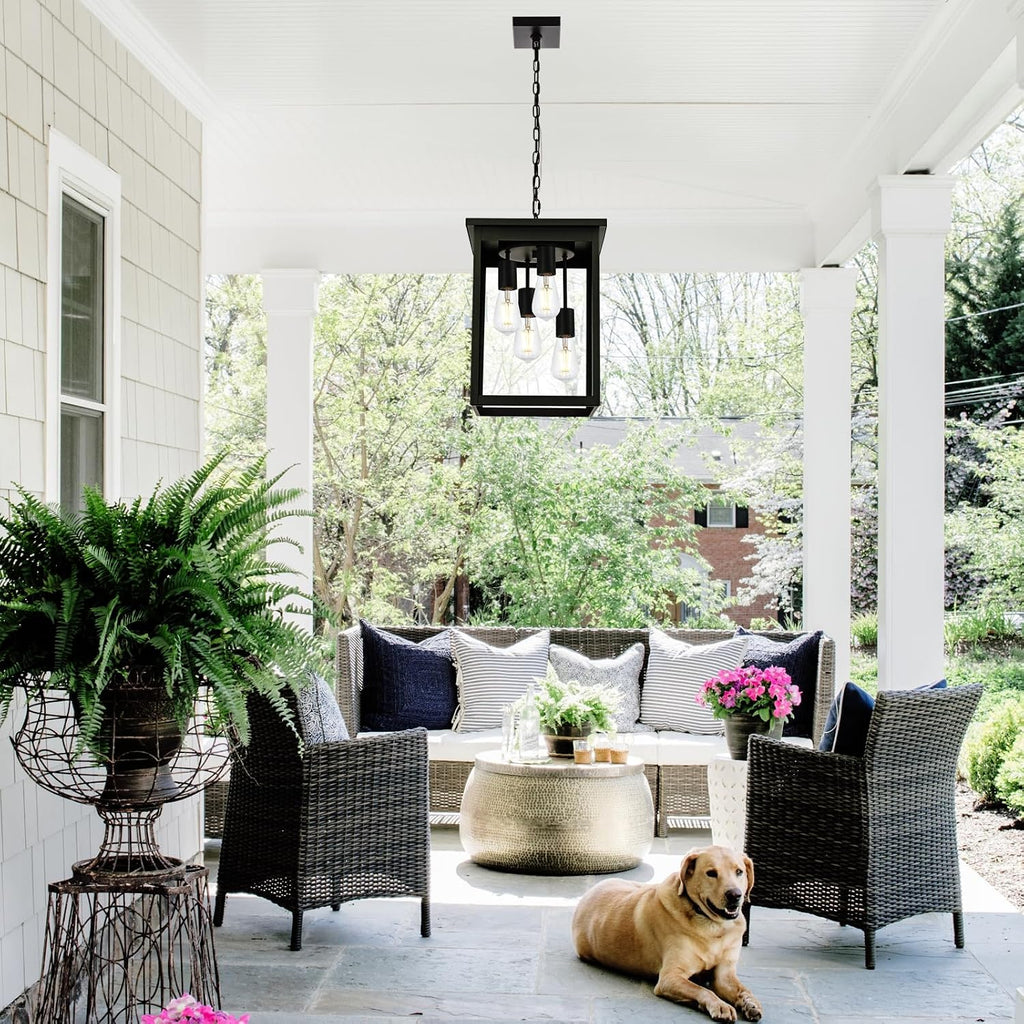 16.7'' Outdoor Pendant Lights for Porch, 4-Lights Black Exterior Pendant Light with Clear Glass, Outdoor Porch Light Ceiling Mount Outdoor Hanging Light Fixture for Gazebo, Patio, Entryway