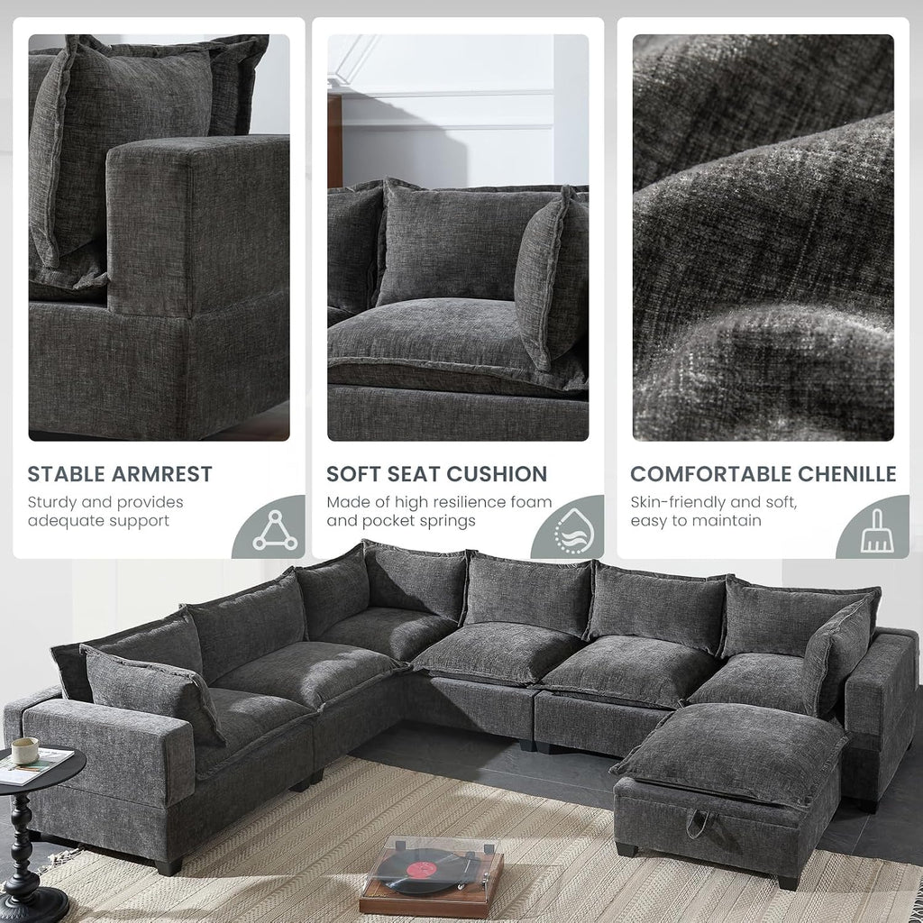 117' Oversized Modular Sectional Sofa with Movable Storage Ottoman, 7-Seat U-Shaped Cloud Couch with Deep Seats, Chenille Upholstered Corner Couch, Modern Sectional Couches for Living Room, Grey