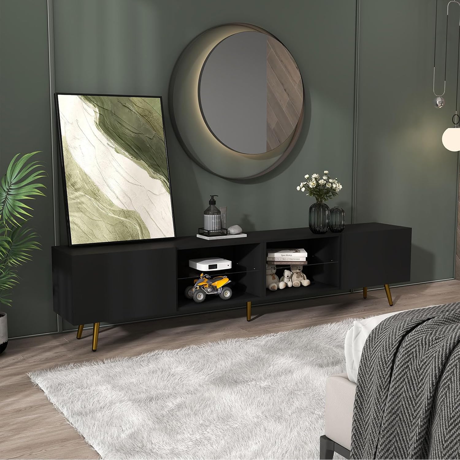Bonzy Home 86' TV Stand, Modern Entertainment Center for 75' TV, Television Console Table with Storage Cabinets for Living Room, Black