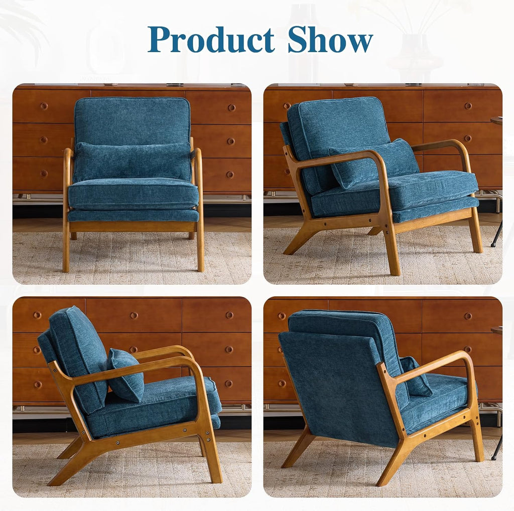 Karl home Mid Century Modern Accent Chair with Lumbar Pillow & Oak Arms – Plush Chenille Living Room Chair for Bedroom, Lounge (Blue)