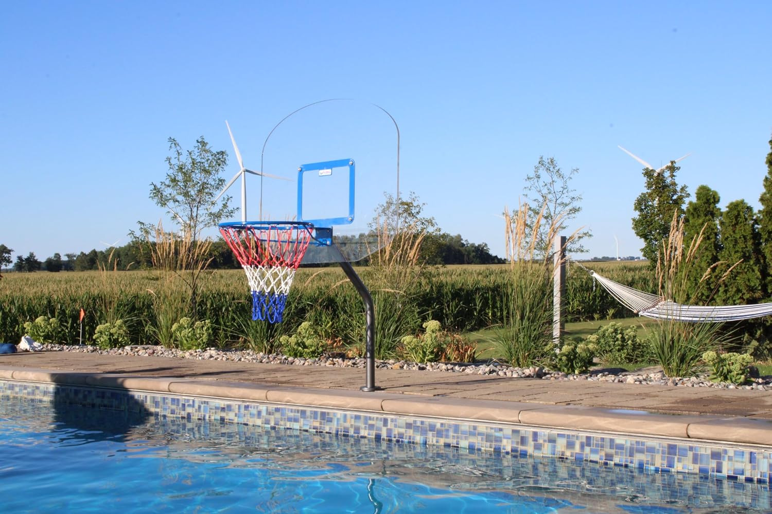 Global Pool Products Heavy Duty Basketball Hoop Set - in-Deck & Deck-Mounted - for Inground Swimming Pool - Stainless Steel Frame - 12' Offset with Net & Ball - GPPOTE-HDBBS-SS