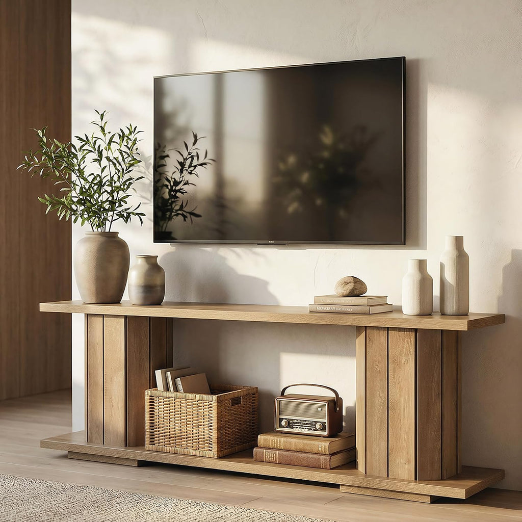 LITTLE TREE Wooden TV Stand for 60/65/70 Inch TVs, Entertainment Center with Open Storage Shelves, Farmhouse TV Console Media Television Stands for Living Room, Bedroom, Natural Wood Color