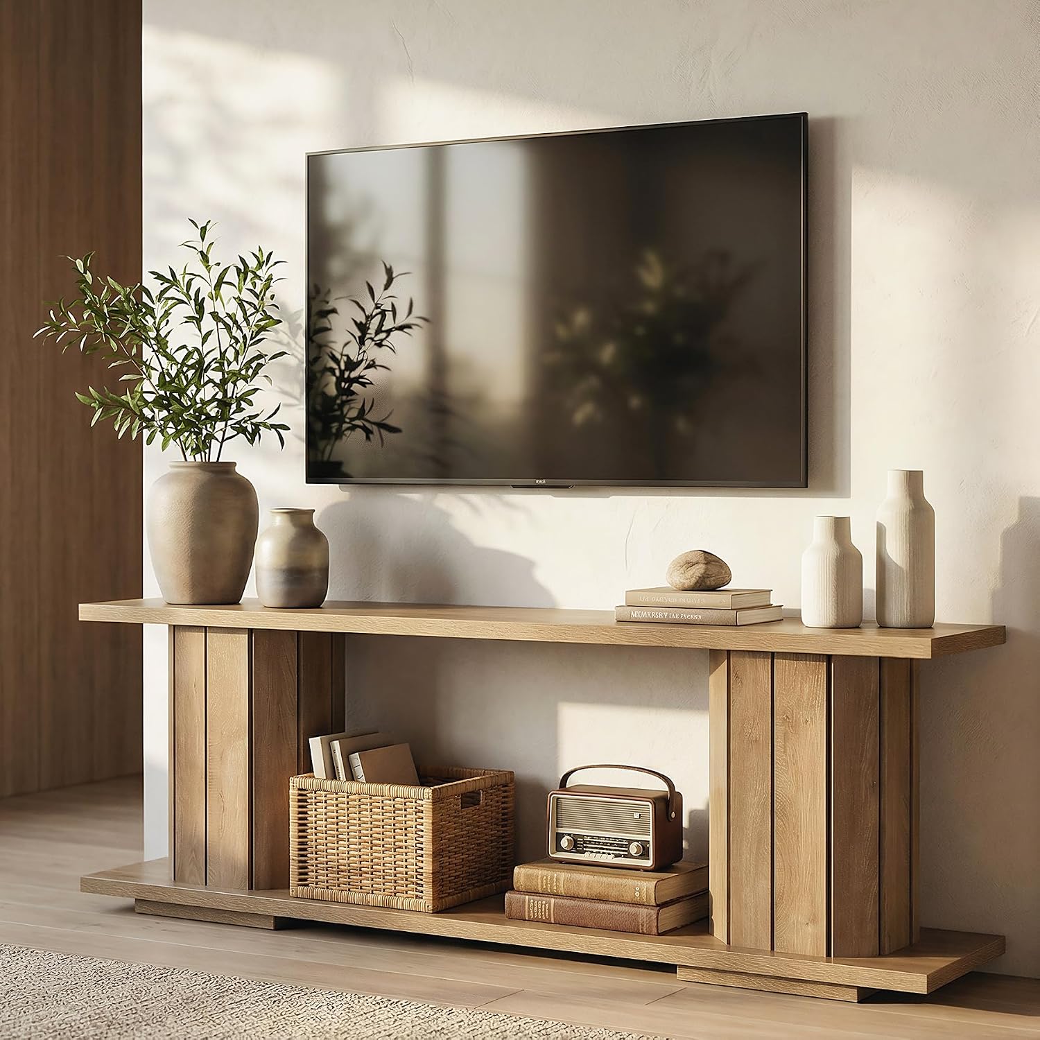 LITTLE TREE Wooden TV Stand for 60/65/70 Inch TVs, Entertainment Center with Open Storage Shelves, Farmhouse TV Console Media Television Stands for Living Room, Bedroom, Natural Wood Color
