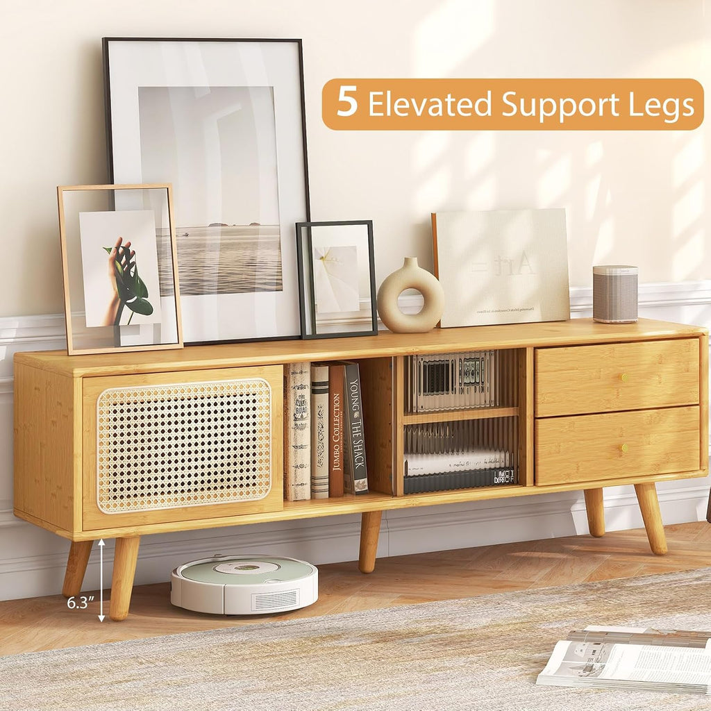 Tangkula Mid Century Modern TV Stand for TVs up to 65', Bamboo Entertainment Center w/Glass & PE Rattan Sliding Doors, 2 Drawers, Adjustable Shelf, Wood Legs, Media Console for Living Room