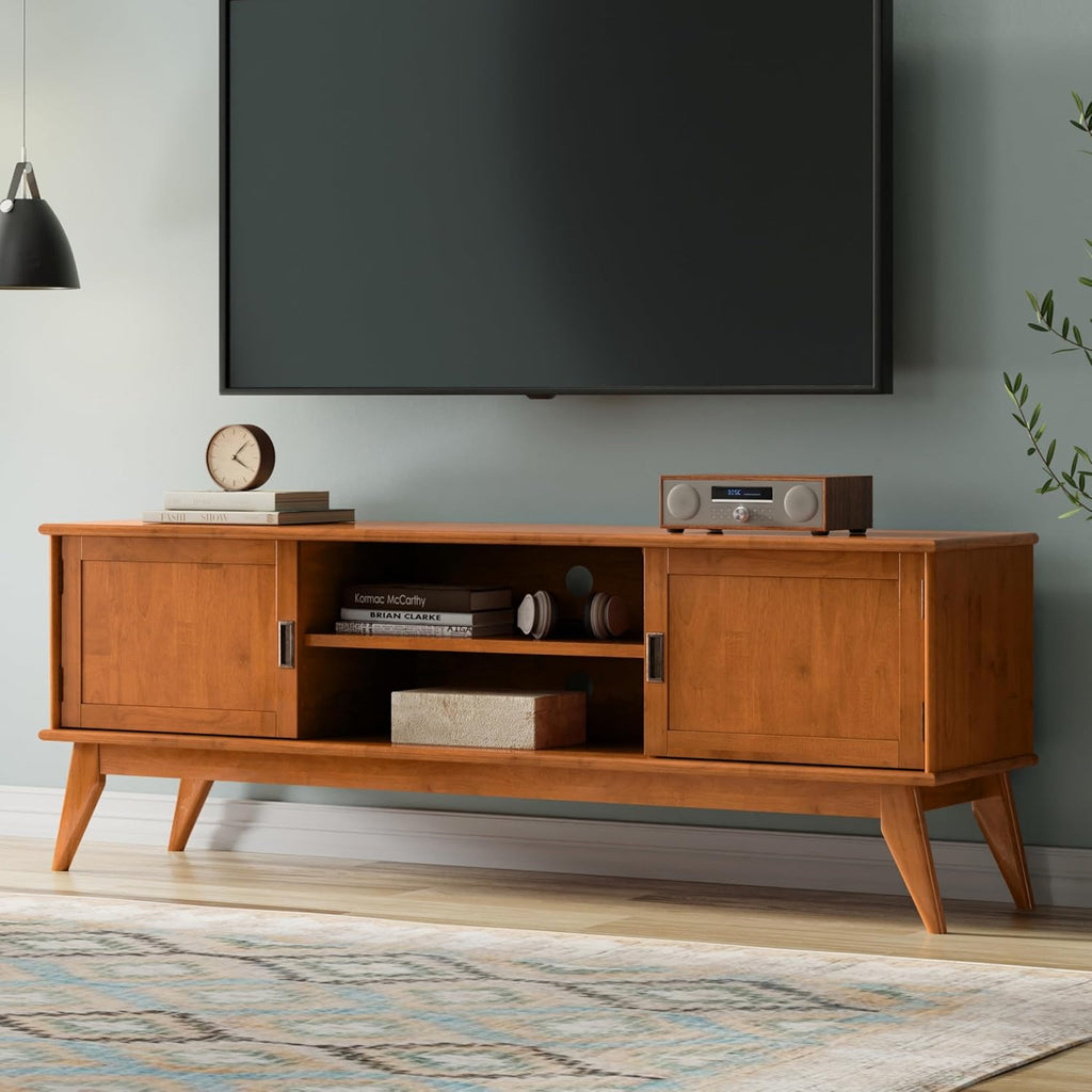 SIMPLIHOME Draper TV Stand - 72 inch Wide Solid Wood Media Console in Teak Brown, Mid Century Modern Entertainment Center for Living Room for TVs up to 80 Inches with Cabinets and Cable Management