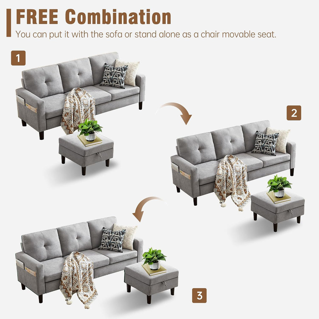 3 Piece Living Room Sofa Sets, Modern 3 Seater Sofa with Storage Ottoman and 2 PSC Armchair Couch Sets, Easy Assembly, Modern 5 Seat Sectional Couches for Living Room, Office, Light Grey