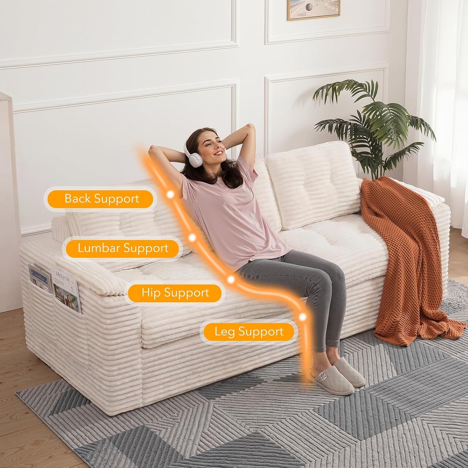 83' Boneless Couch, 3-Seater Cloud Corduroy Sofa in a Box with Deep Tufted Cushions, Zero Assembly, Removable Washable Cover, Family-Friendly Living Room Couch, Beige