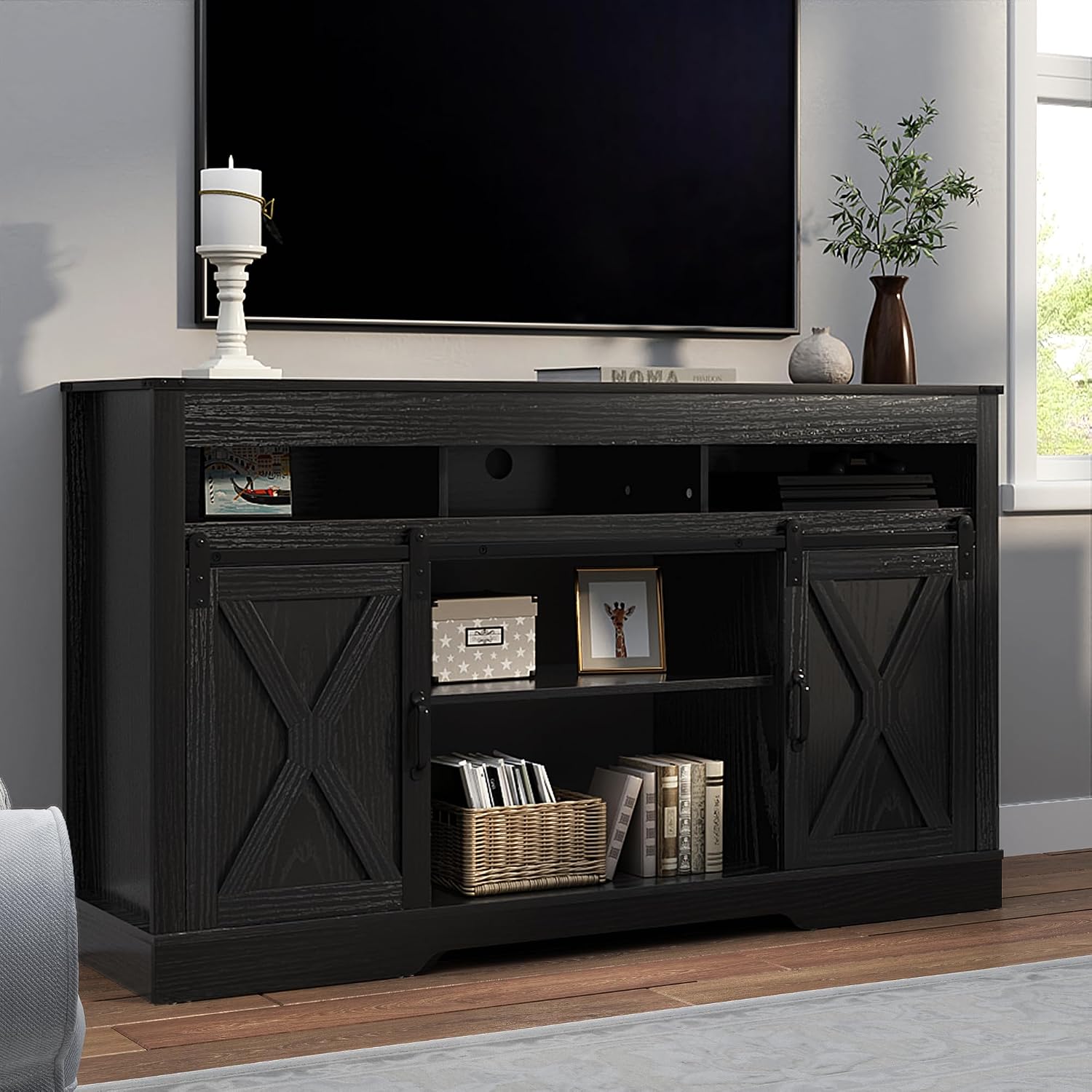 RoyalCraft Farmhouse TV Stand for 65+ Inch TV, Tall Entertainment Center with Storage Cabinets and Sliding Barn Doors, Mid Century Modern Media TV Console Table for Living Room (Black)