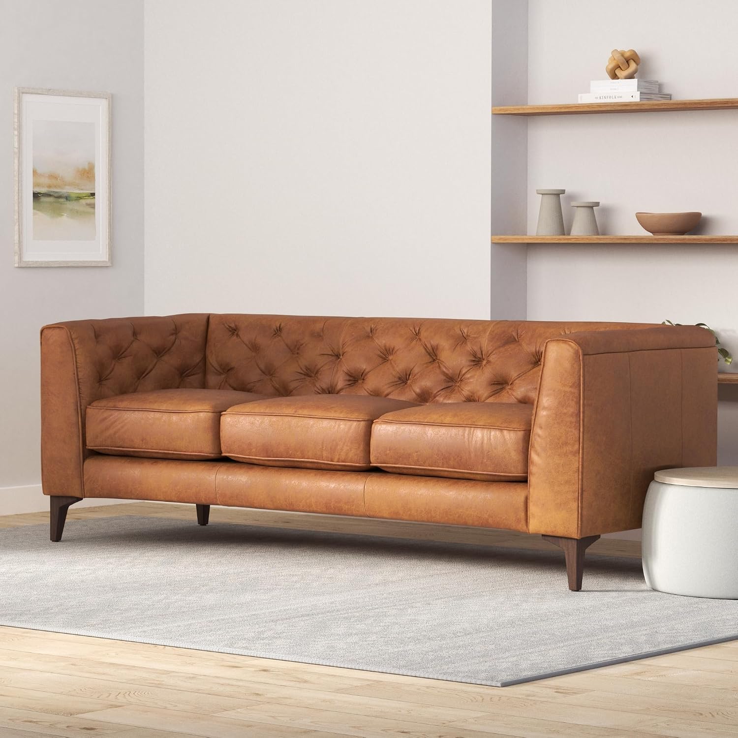 POLY & BARK Essex 89' Full-Grain Italian Leather Sofa – Tufted Back, Feather-Down Comfort, Solid Wood Frame, Cognac Tan