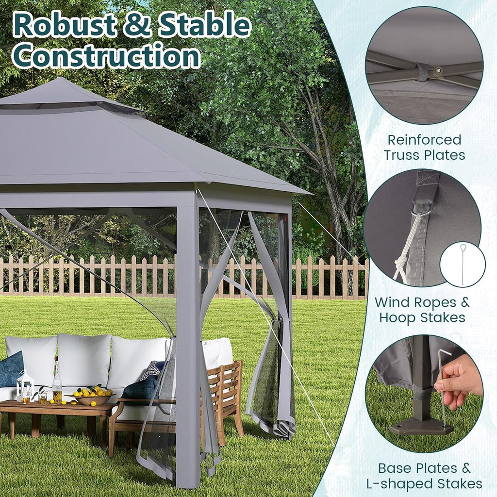 Goplus11 ft × 11 ft Pop up Gazebo, Portable Screen Canopy Shelter w/Mesh Netting Sidewalls, Vented Top, Drainage Holes, Heavy-Duty Height Adjustable Easy Setup Party Tent for Backyard