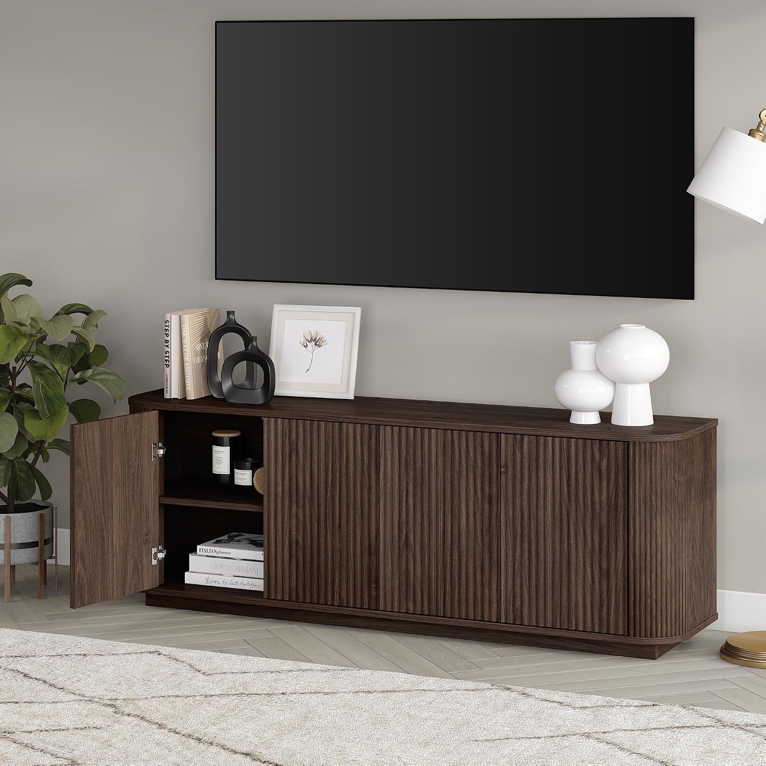Henn&Hart Fluted TV Stand for TVs up to 75'' with 2 Ribbed Storage Cabinets with an Adjustable Shelf for Living Room, Family Room, or Office, Rich Brown