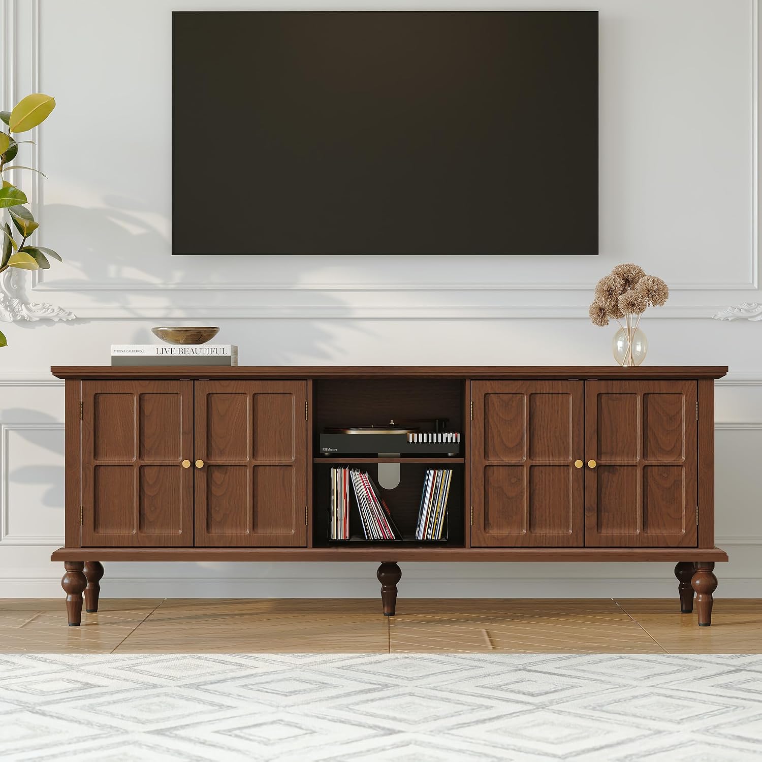 3More 67' Mid Century Modern TV Stand with Window Design,Wood Entertainment Center with Open Shelf,Up to 70' Media TV for Living Room or Bedroom,Walnut
