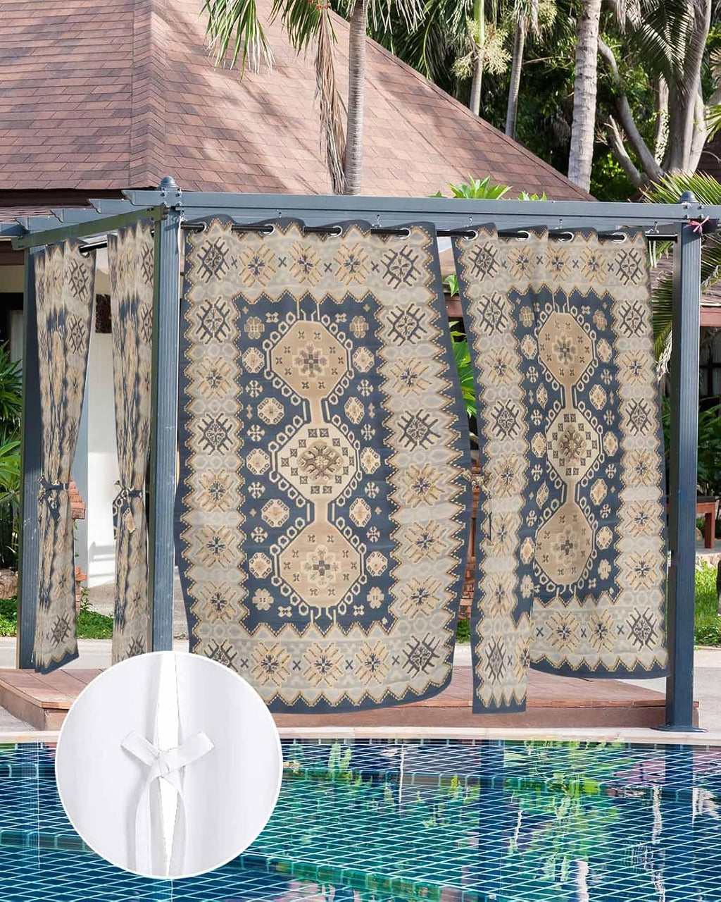 Boho Outdoor Curtains for Patio Waterproof, Ethnic Tribe Windproof Pravicy Outside Porch Blackout Curtain, Bohemian Southwest Vintage Abstract Blue Sun Blocking Curtains for Gazebo 2 Panels 54'x95'