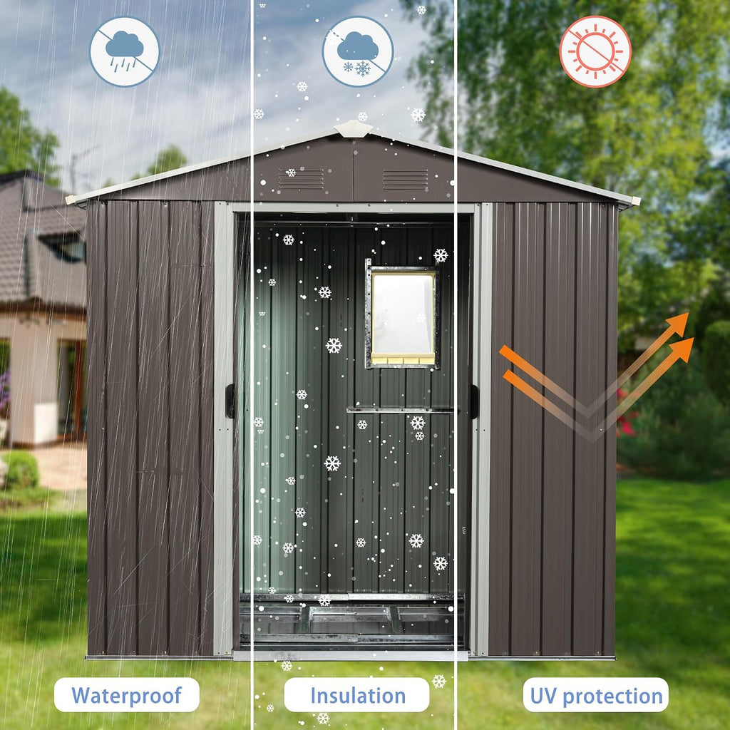 YOPTO 8×4 FT Outdoor Metal Storage Shed with Window and Integrated Punched Vents,Large Garden Outdoor Shed W/Sliding Doors & Padlock,Rust UV & Waterproof Tool Sheds for Backyard,Lawn,Patio,Grey
