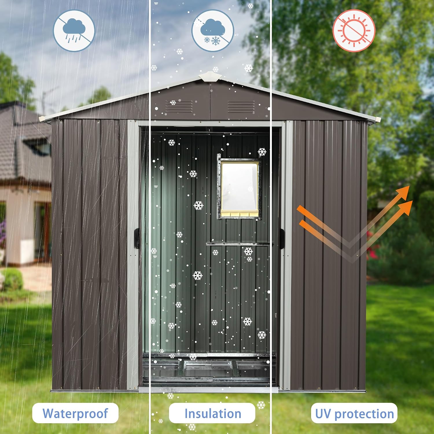 YOPTO 8×4 FT Outdoor Metal Storage Shed with Window and Integrated Punched Vents,Large Garden Outdoor Shed W/Sliding Doors & Padlock,Rust UV & Waterproof Tool Sheds for Backyard,Lawn,Patio,Grey