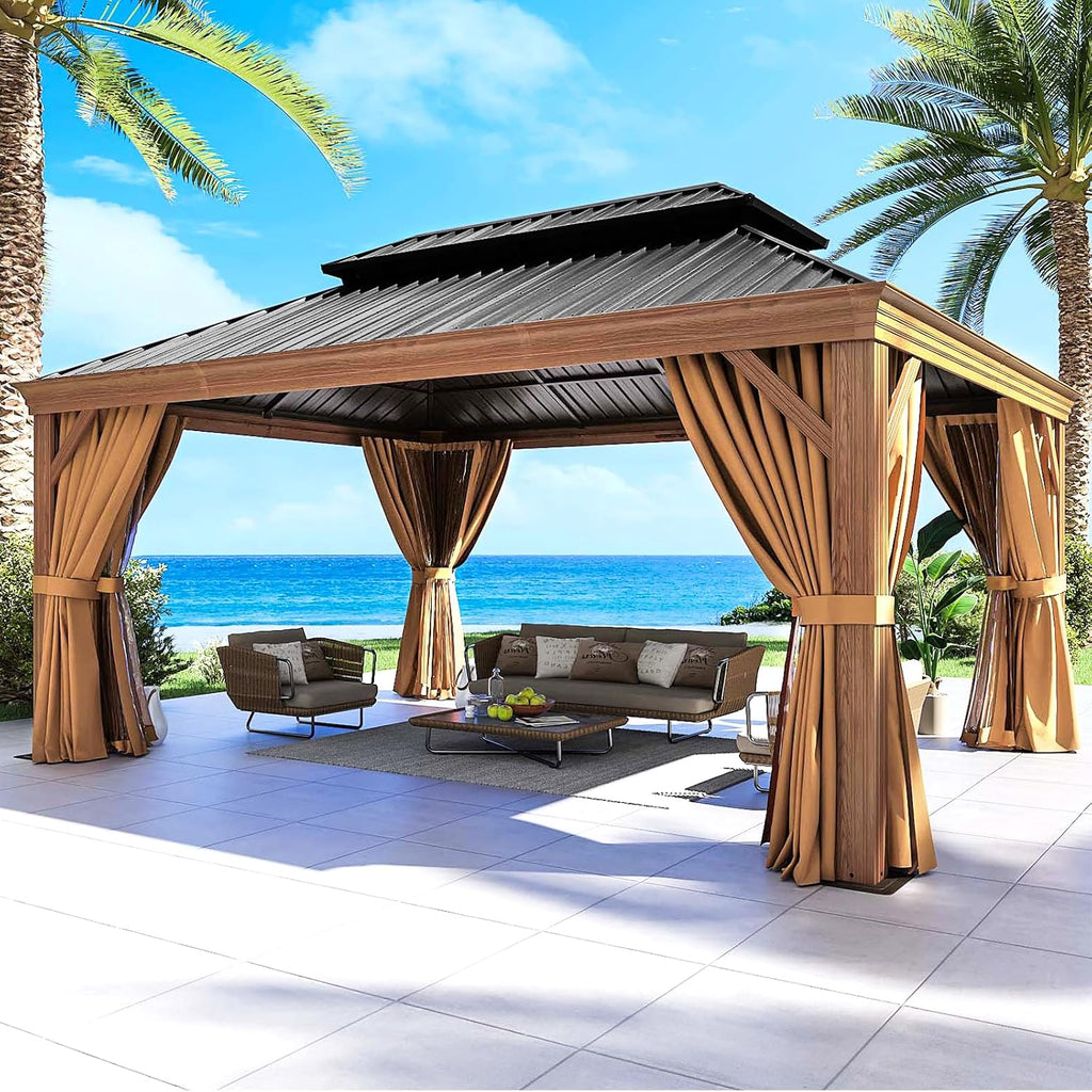 Gazebo 12ft x 16ft, Wooden Finish Coated Aluminum Frame Canopy, Galvanized Steel Double Top, Outdoor Permanent Metal Pavilion with Privacy Curtains and Netting, for Patio, Deck and Backyard