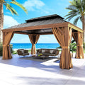 Gazebo 12ft x 16ft, Wooden Finish Coated Aluminum Frame Canopy, Galvanized Steel Double Top, Outdoor Permanent Metal Pavilion with Privacy Curtains and Netting, for Patio, Deck and Backyard