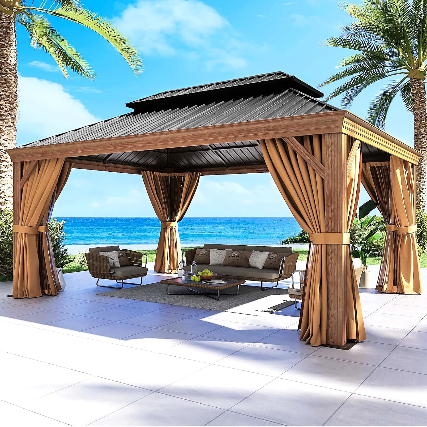 Gazebo 12ft x 16ft, Wooden Finish Coated Aluminum Frame Canopy, Galvanized Steel Double Top, Outdoor Permanent Metal Pavilion with Privacy Curtains and Netting, for Patio, Deck and Backyard