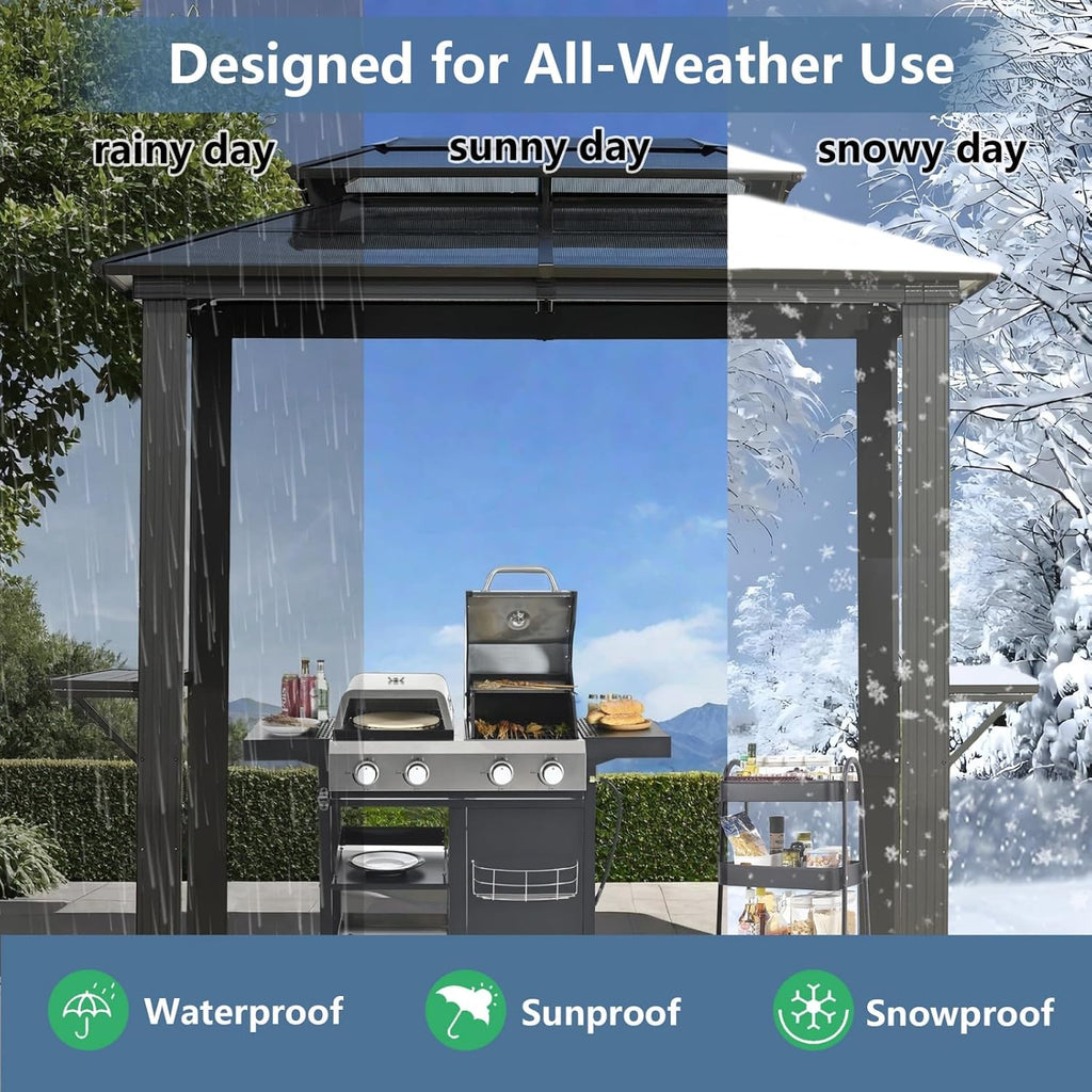 8x5 Hardtop Grill Gazebo, Vented Double Roof Polycarbonate BBQ Canopy for Outdoor Patio, Anti-UV Waterproof Shelter with Side Shelves & Hooks, Heavy Duty Steel Frame (8x5)