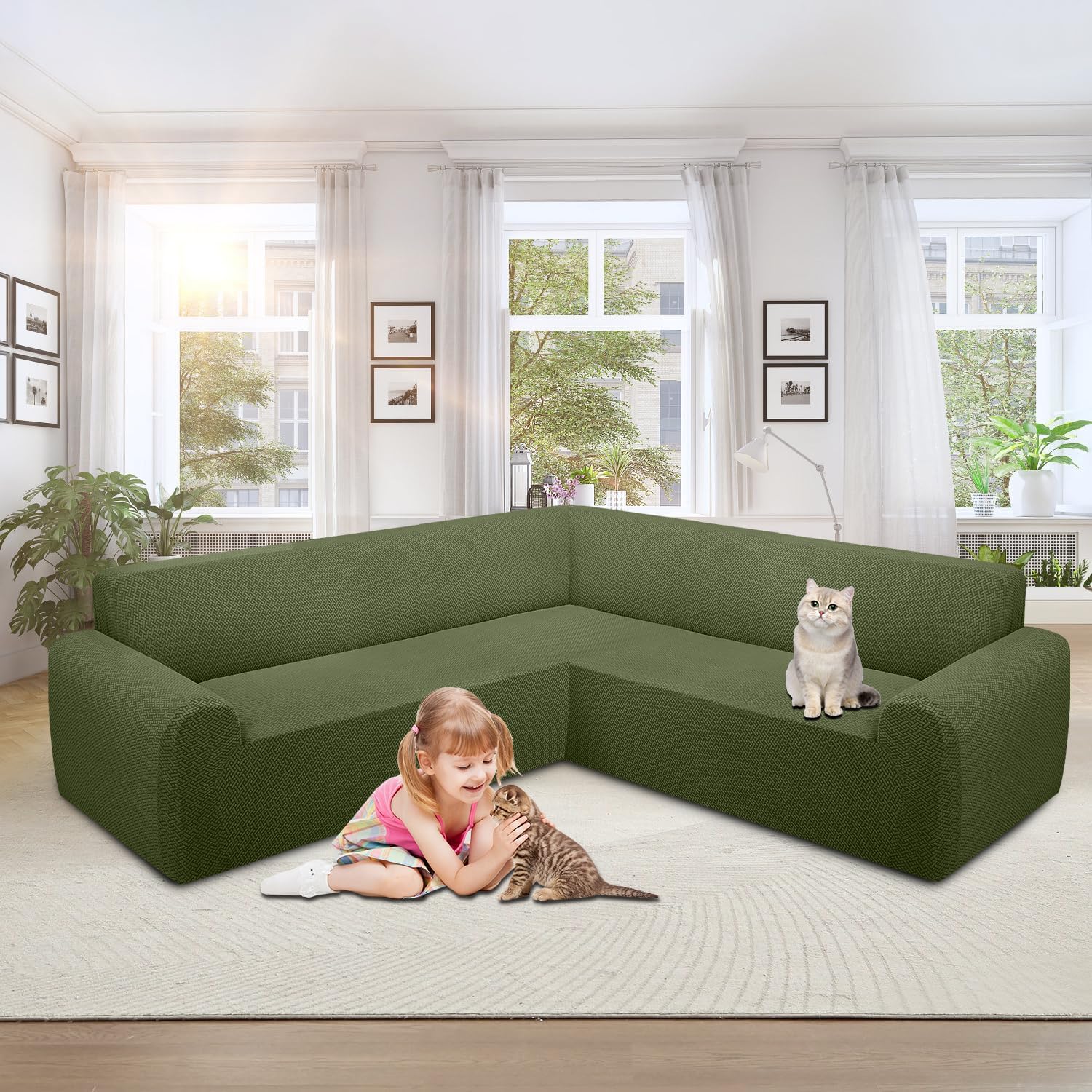ALIECOM Stretch Corner Sectional Couch Covers L Shape Sofa Covers Washable Sectional Slipcovers U Shape Jacquard Living Room Pet Dogs Furniture Protector with Elastic Bottom (Avocado Green, Middle)