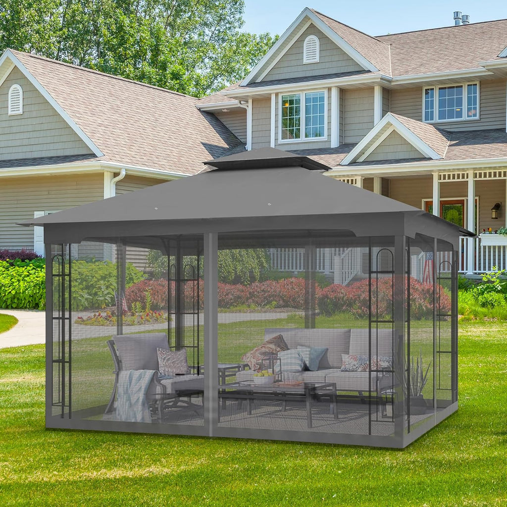 EAGLE PEAK Patio Gazebo with Mesh Netting 13x11 at Top 12x10 Footprint, Soft Top Outdoor Pavilion for Backyard, Deck, Lawn and Garden, Gray