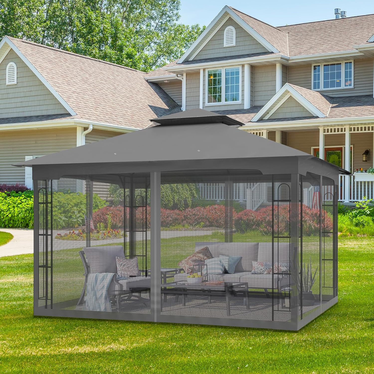 EAGLE PEAK Patio Gazebo with Mesh Netting 13x11 at Top 12x10 Footprint, Soft Top Outdoor Pavilion for Backyard, Deck, Lawn and Garden, Gray