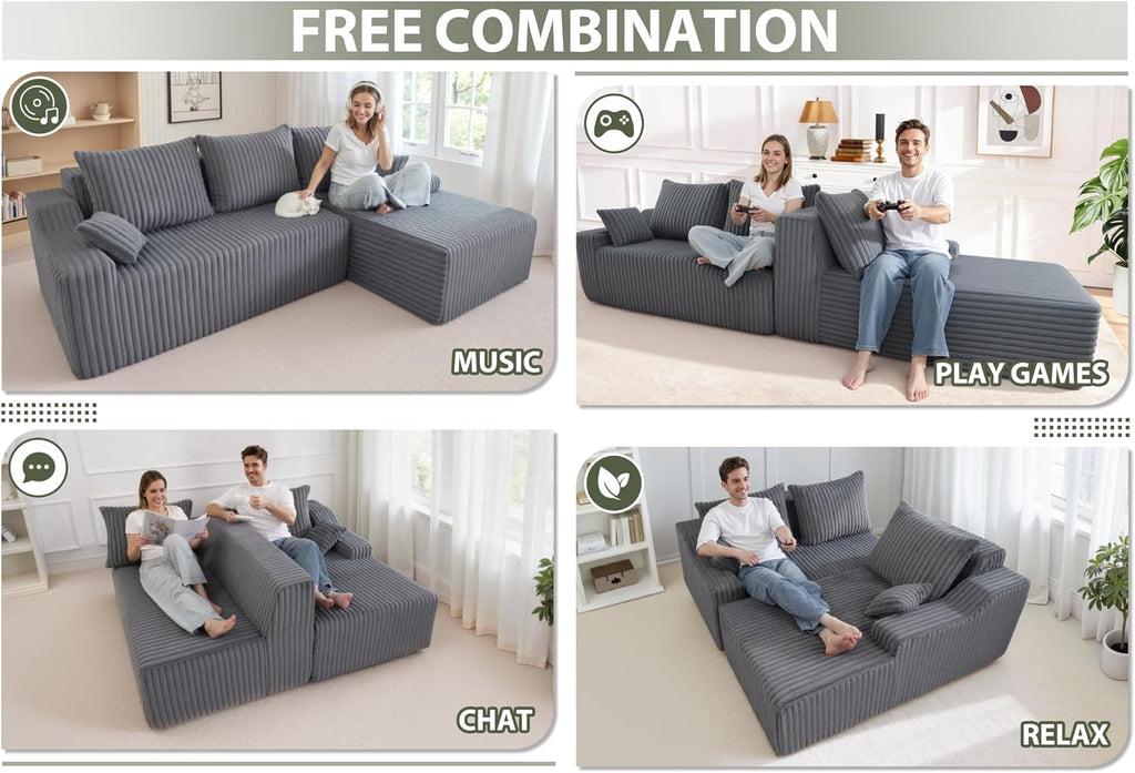 HABUTWAY 94'' Cloud Sectional Couch, Boneless Sofa with Deep Seat, Modular Comfy L-Shape Couch with Chaise for Living Room Bedroom, No Assembly Required(Grey,Right Facing Chaise)