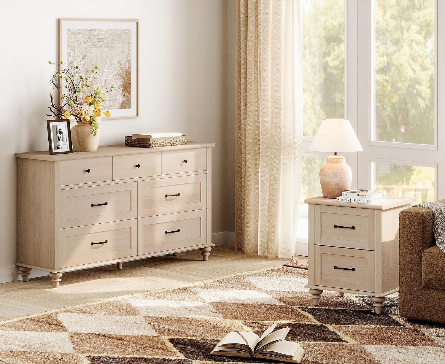 WAMPAT Wide Dresser TV Stand for 65 Inch TV, Light Wood TV Console Table Entertainment Stand with 7 Drawers, Beige Media Storage Cabinet for Living Room Bedroom, 54 Inch