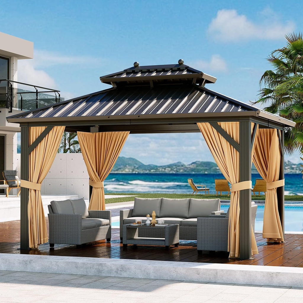 10x12ft Hardtop Gazebo, Aluminum Permanent Gazebo Double Roof Canopy with Netting and Curtains Outdoor Gazebos Galvanized Iron Aluminum Frame Garden Tent for Patio, Backyard, Deck, Lawns