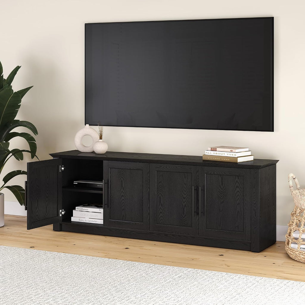 Henn&Hart TV Stand for TVs up to 78' with 2 Conceal Storage Cabinets and Adjustable Shelves for Living Room, Family Room, or Office, Natural Black