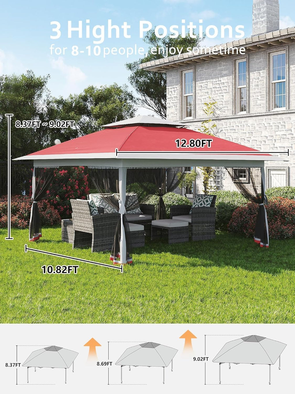 13'' x 13'' Hardtop Gazebo Patio Wide Aluminum Frame Metal Double Roof Outdoor Patio Gazebo,Outdoor Canopy Tent with Mosquito Netting,Backyard Tent for Shade and Rain for Lawn, Garden, Backyard