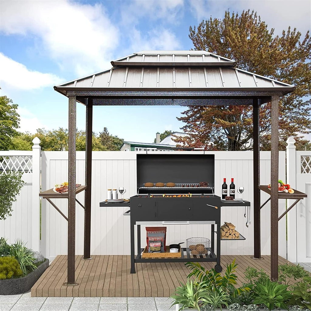 8'X6' Grill Gazebo Hardtop, Steel Grill Gazebo with Two Shelves Serving Tables, Permanent Double Roof Hard Top Gazebo, Heavy Duty Aluminum BBQ Gazebo for Patio, Deck, Backyard and Garden (Brown)